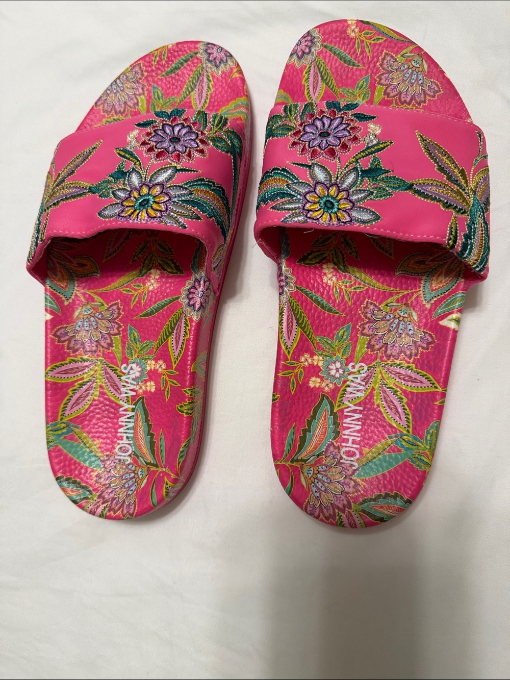 Johnny Was Hot Pink Floral Embroidered Slide Sandals